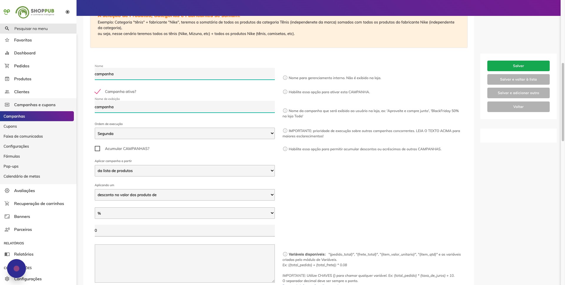 Screenshot da opção 'Acumular CAMPANHAS?'