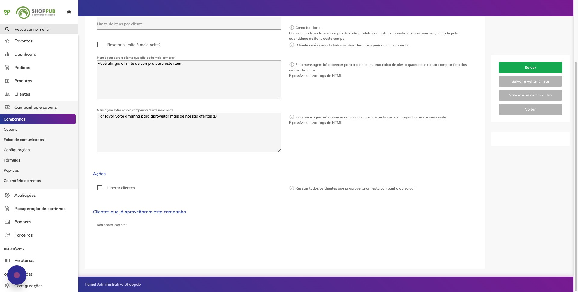 Screenshot do espaço 'Ações'