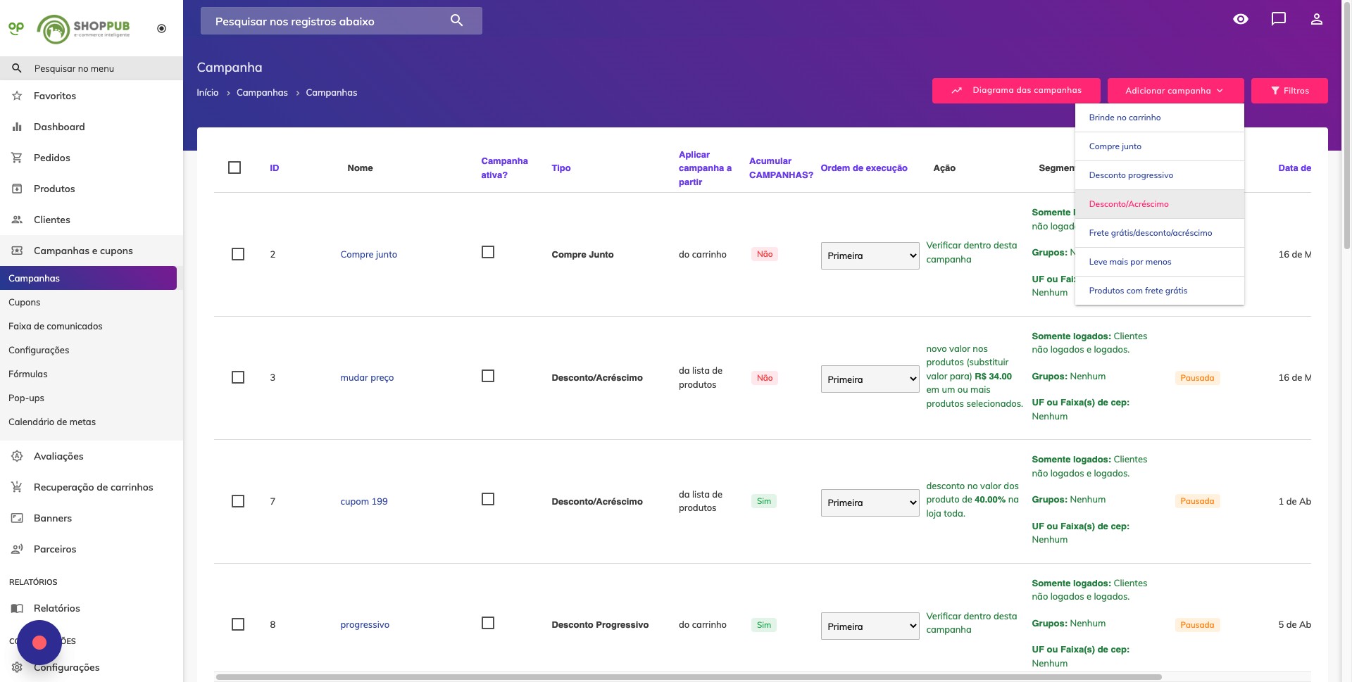 Screenshot da opção 'Adicionar campanha'