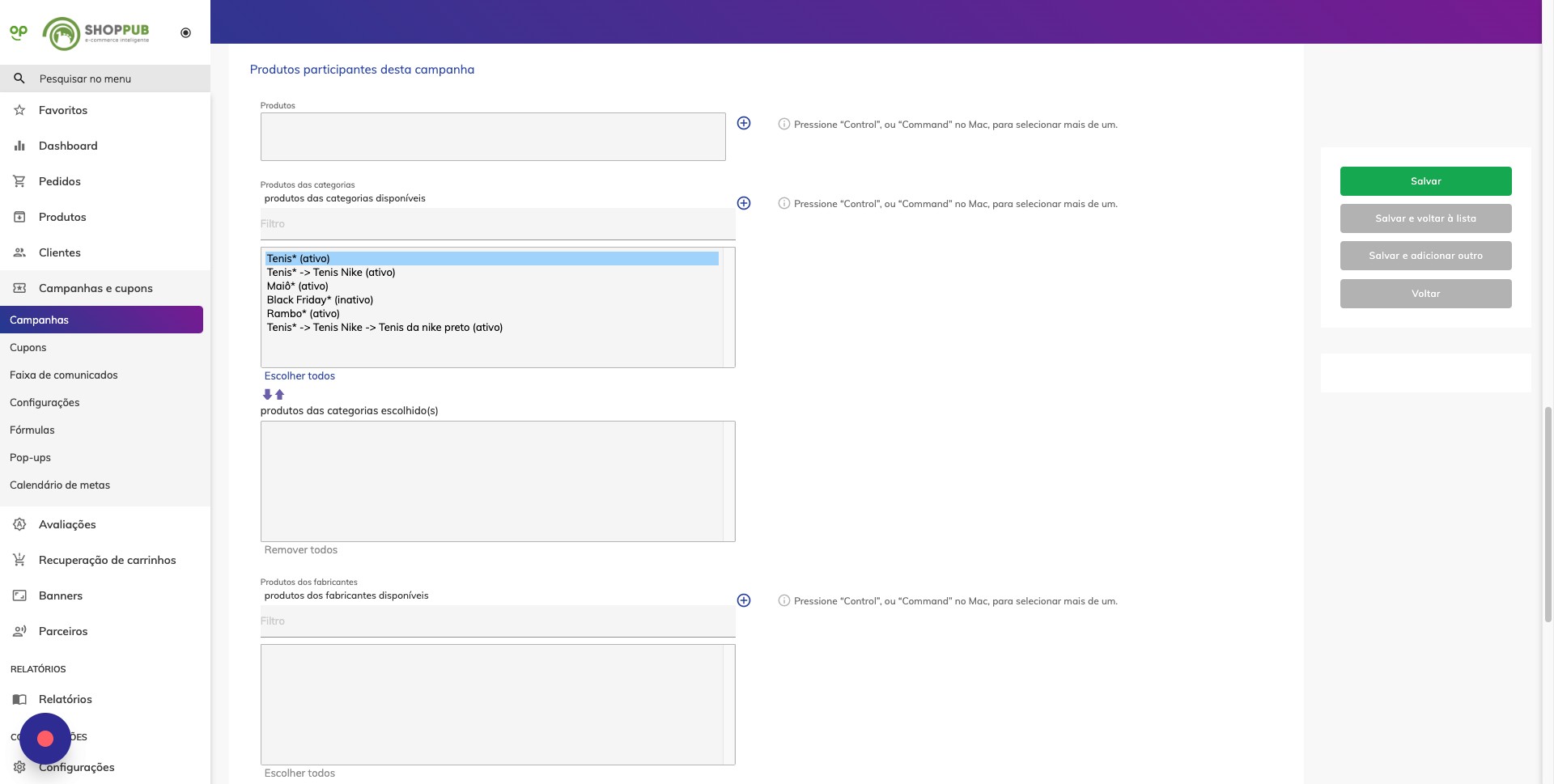 Screenshot da seleção de produtos