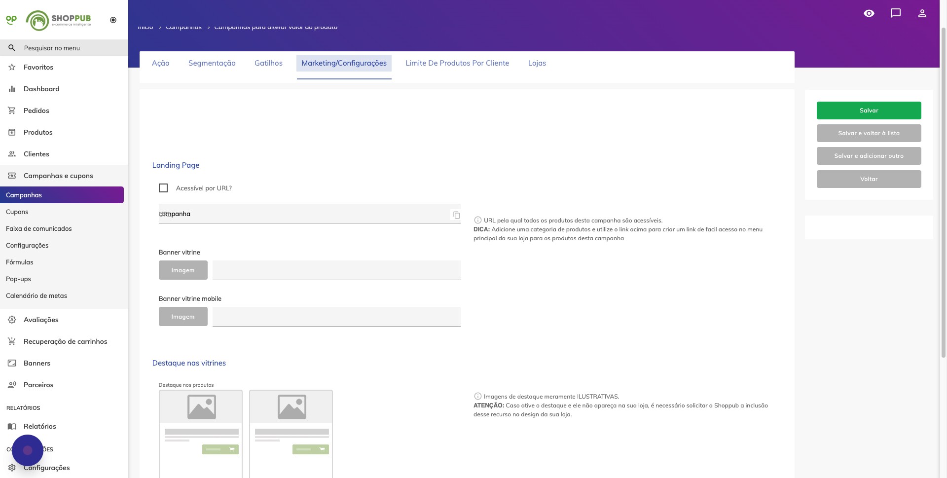 Screenshot da aba 'Marketing/Configurações'