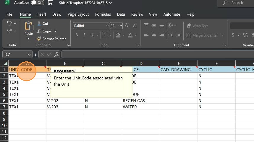 Column header color coding — orange required, blue optional