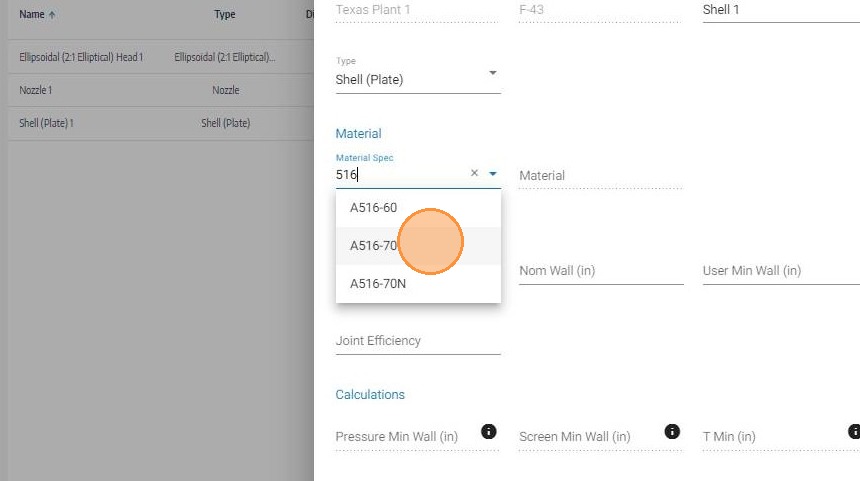 Select material specification