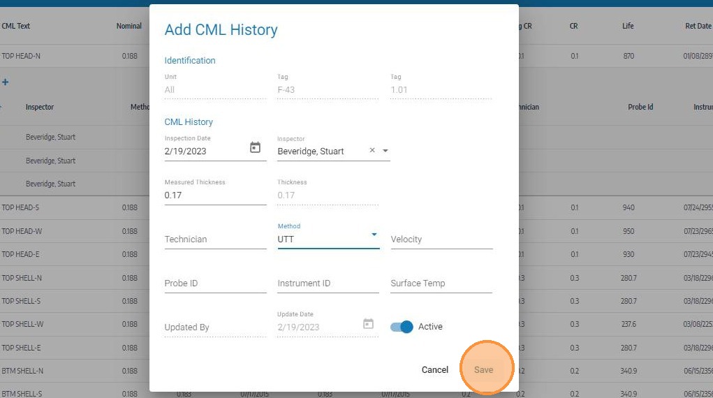 Click Save to record the CML history reading
