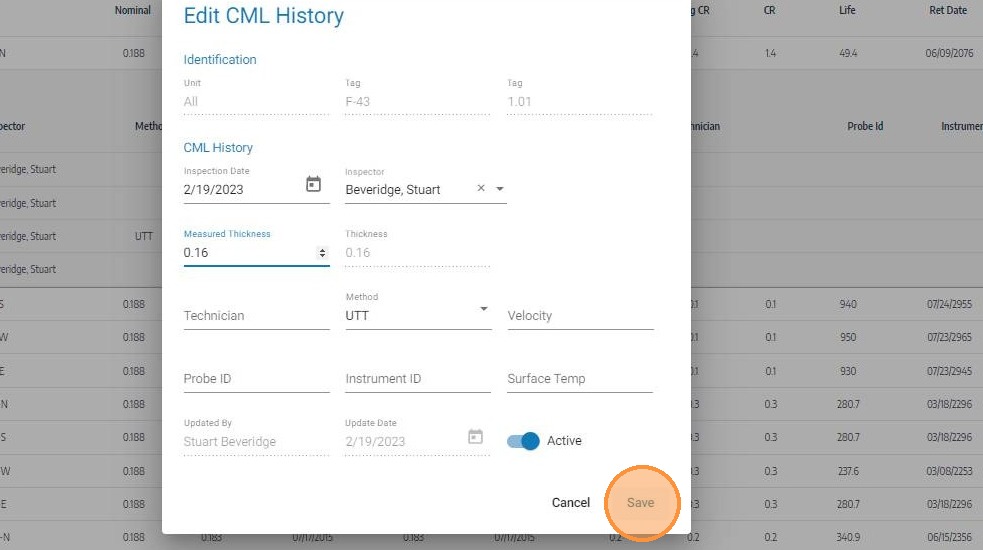 Click Save to save the updated CML reading