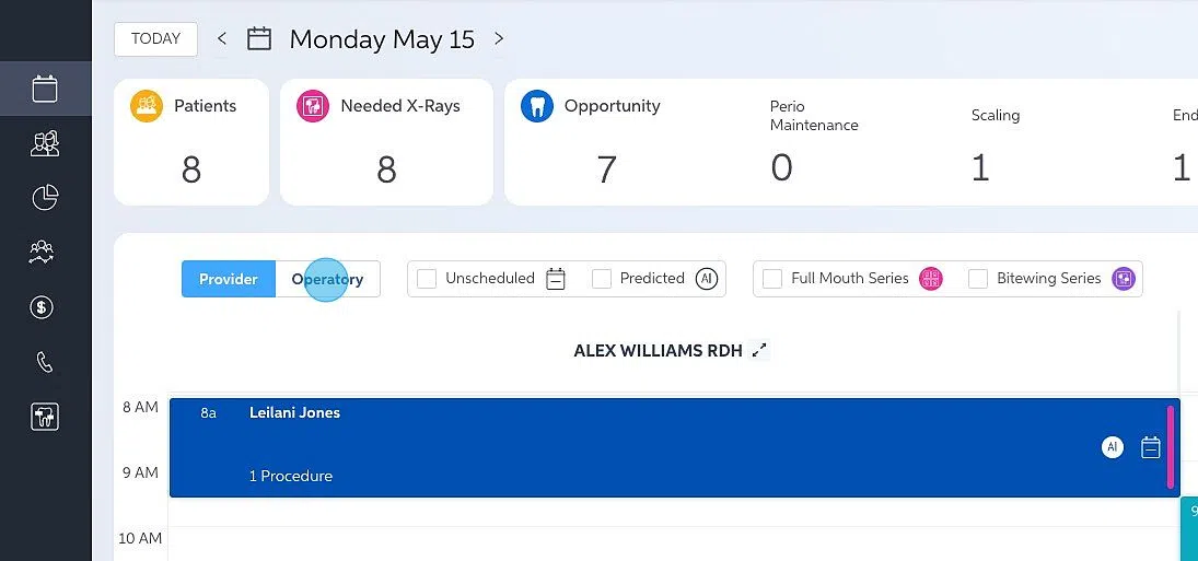 Screenshot of: You can filter your schedule by provider or operatory, by patients who have unscheduled or predicted treatment, and by patients who need full mouth series or bitewing series taken.