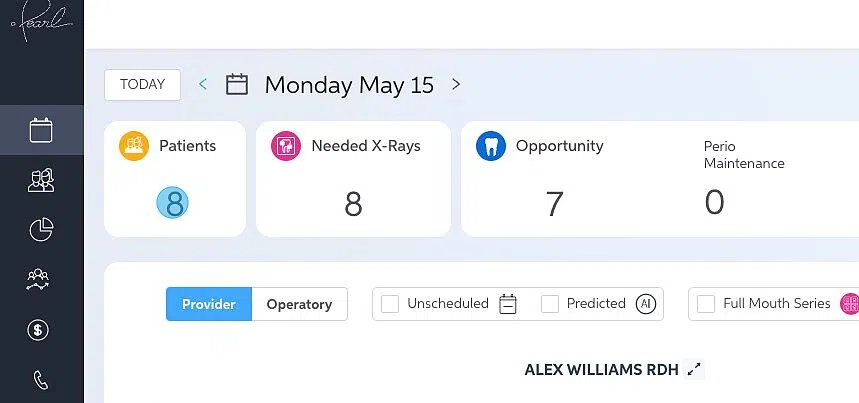 Screenshot of: The banner across the top of your schedule will show you how many patients are on todays schedule, how many need x-rays, and how many opportunities the Practice Intelligence AI has detected.
