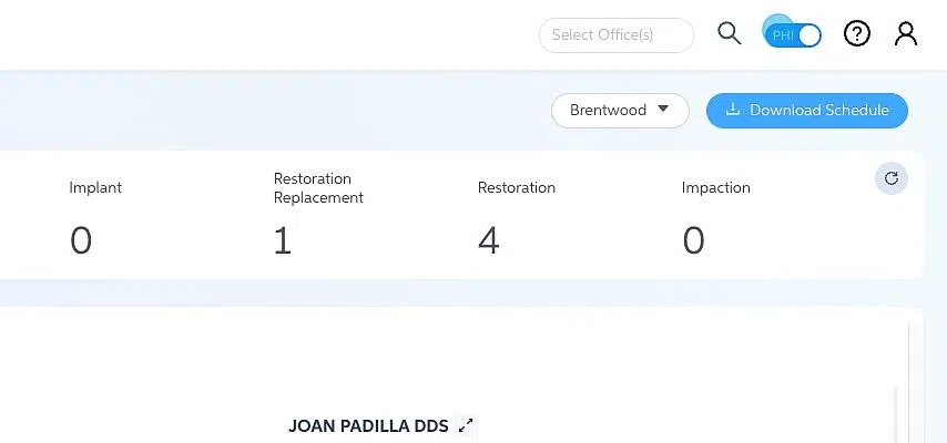Screenshot of: Clicking on the PHI button will allow you to view the schedule while hiding patient information.