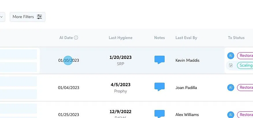 Screenshot of: In the columns to the right of the patient name you can see the AI date (the last date that Pearl read captured radiographs for the patient), the last hygiene date, and the name of the doctor who evaluated the patient last.