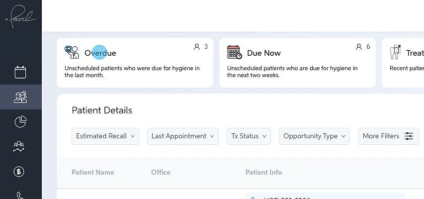 Screenshot of: The Patient Details page will show all patients by default. Clicking on Overdue will filter by unscheduled patients who were due for hygiene in the last month, clicking on Due Now will filter by unscheduled patients who are due for hygiene in the next two weeks, clicking on Treatment Follow Up will filter by recent patients with unscheduled treatment plans, and clicking on Visiting Soon will filter by scheduled patients with unscheduled treatment plans.