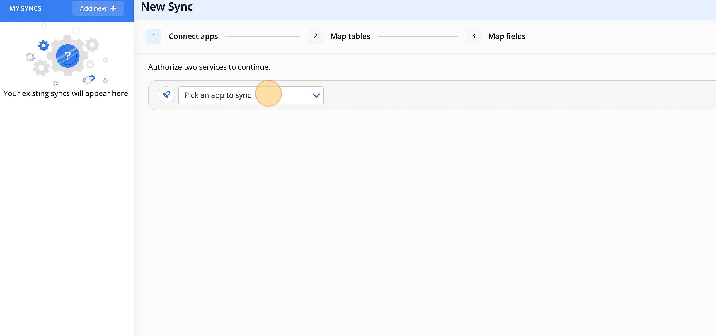 Screenshot of: Navigate to the Data Sync tab once you have logged into your Byteline console. From there select the apps and tables that you would like synced.