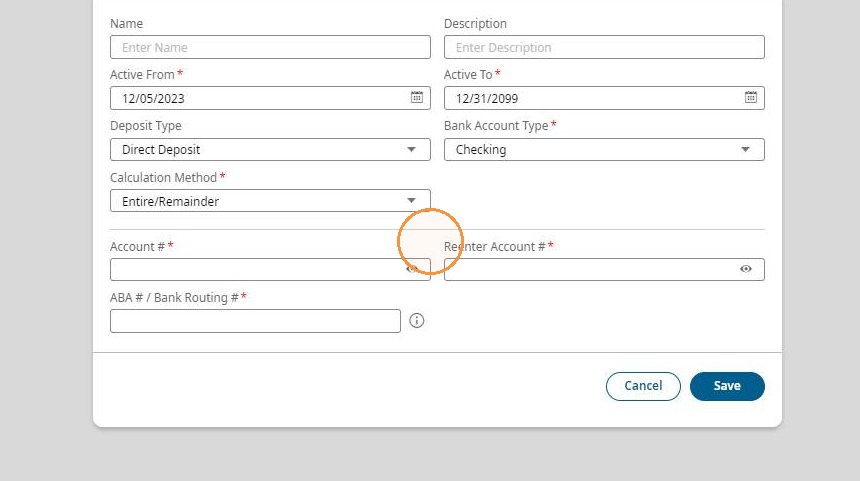 Direct deposit account and routing number fields