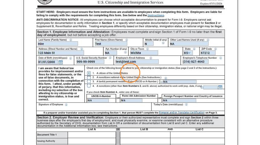 Form I-9 personal information fields