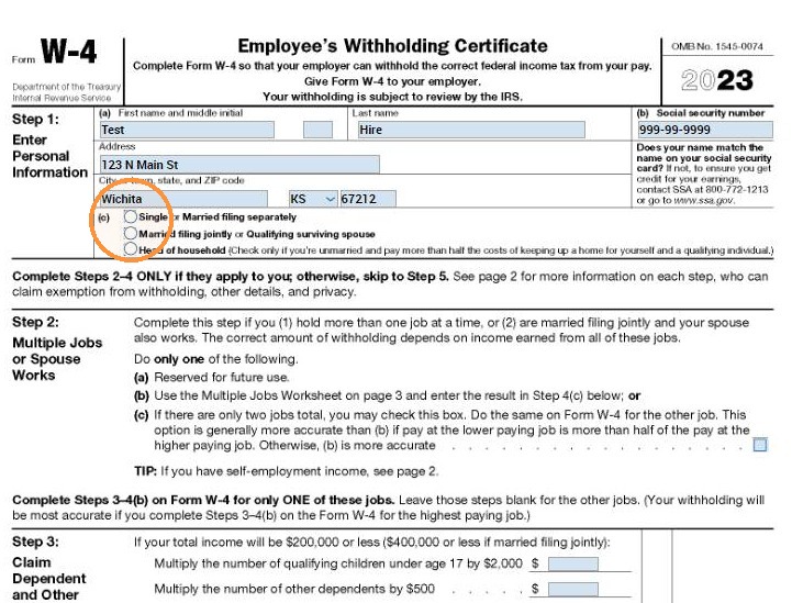 Federal withholding certificate with personal information and tax settings