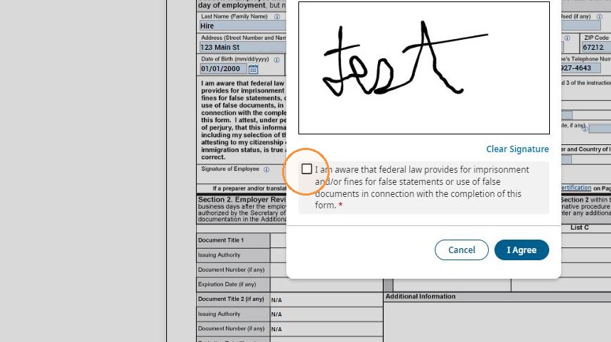 Signature field and consent checkbox on the I-9