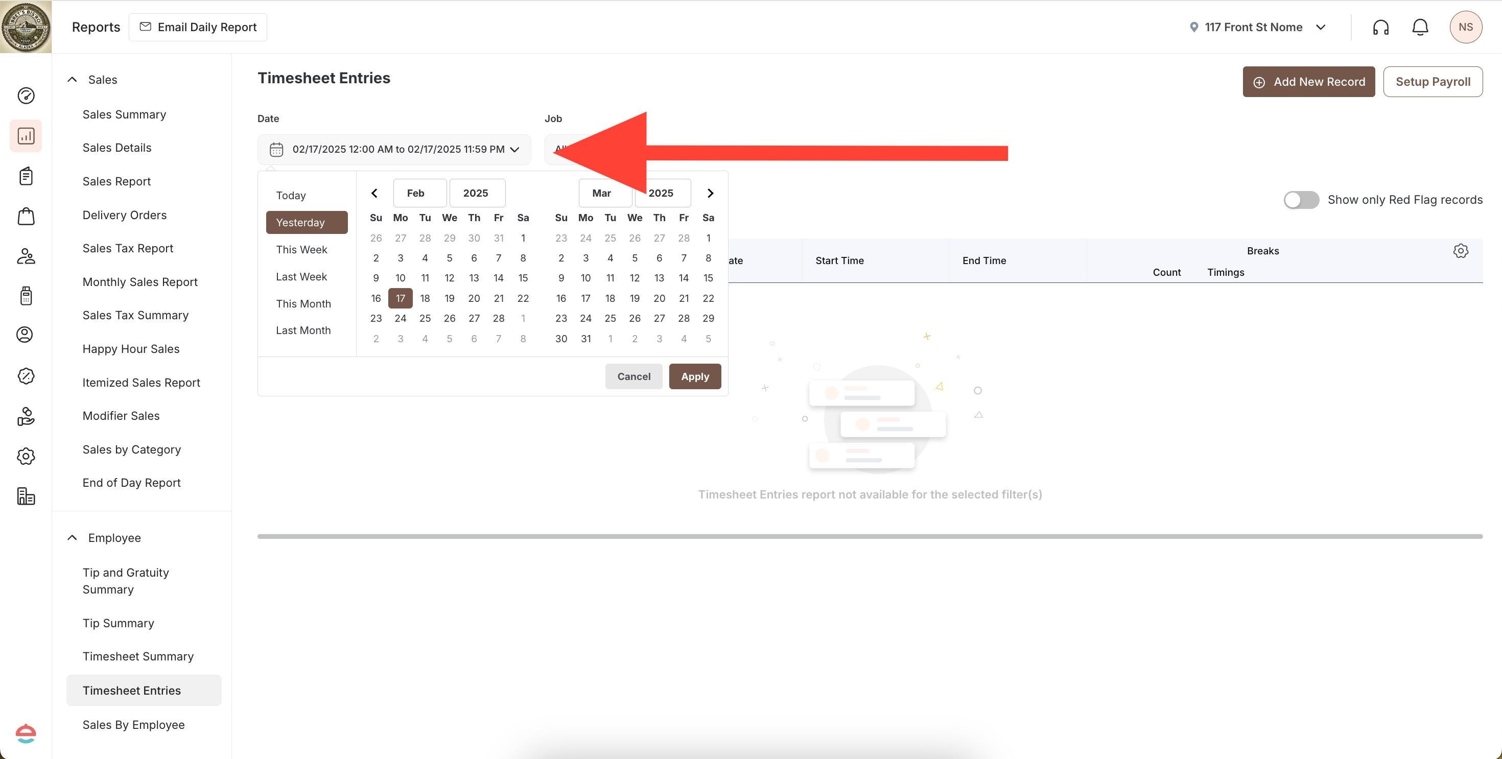 **Filter Date Range**

If you are trying to edit or remove a timesheet entry from a previous day, filter to the appropriate date first.  You can do this by selecting the Date field.