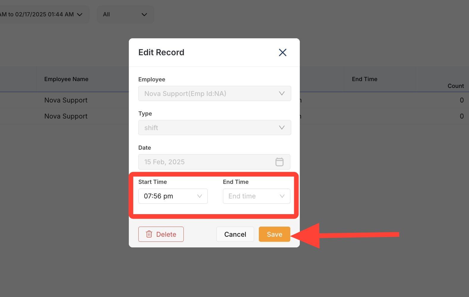 **Edit Timesheet Entry**

To edit the timesheet entry, adjust the Start Time and End Time fields to match the desired shift duration.

Once you have designated the correct shift times, confirm your selection by selecting *Save*.

Congratulations - you have successfully edited a timesheet entry!