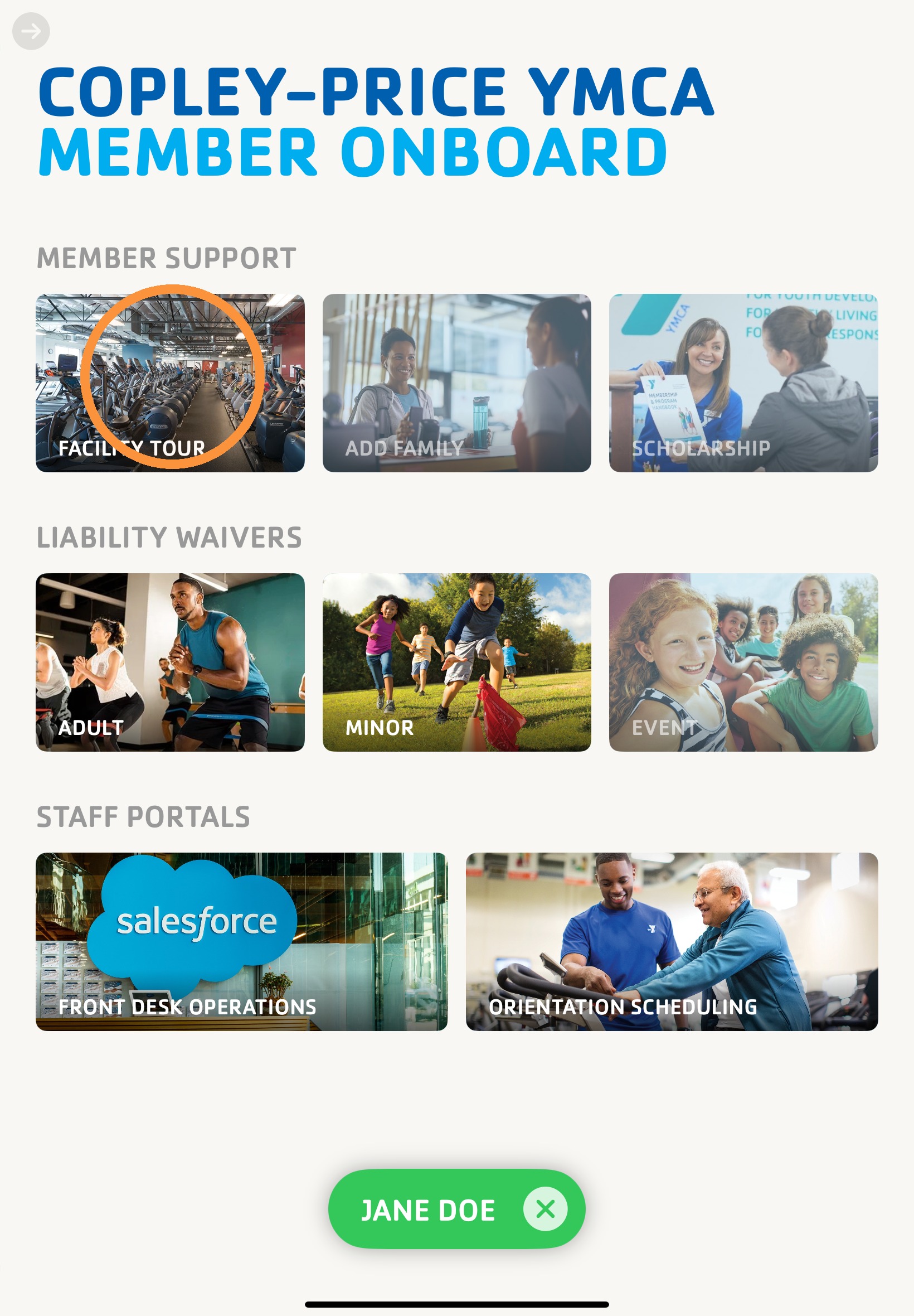 Facility Tour button on the Y Member Onboard home screen