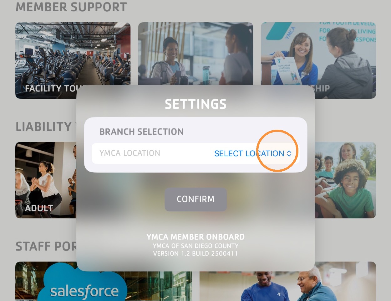Y Member Onboard branch location selection screen