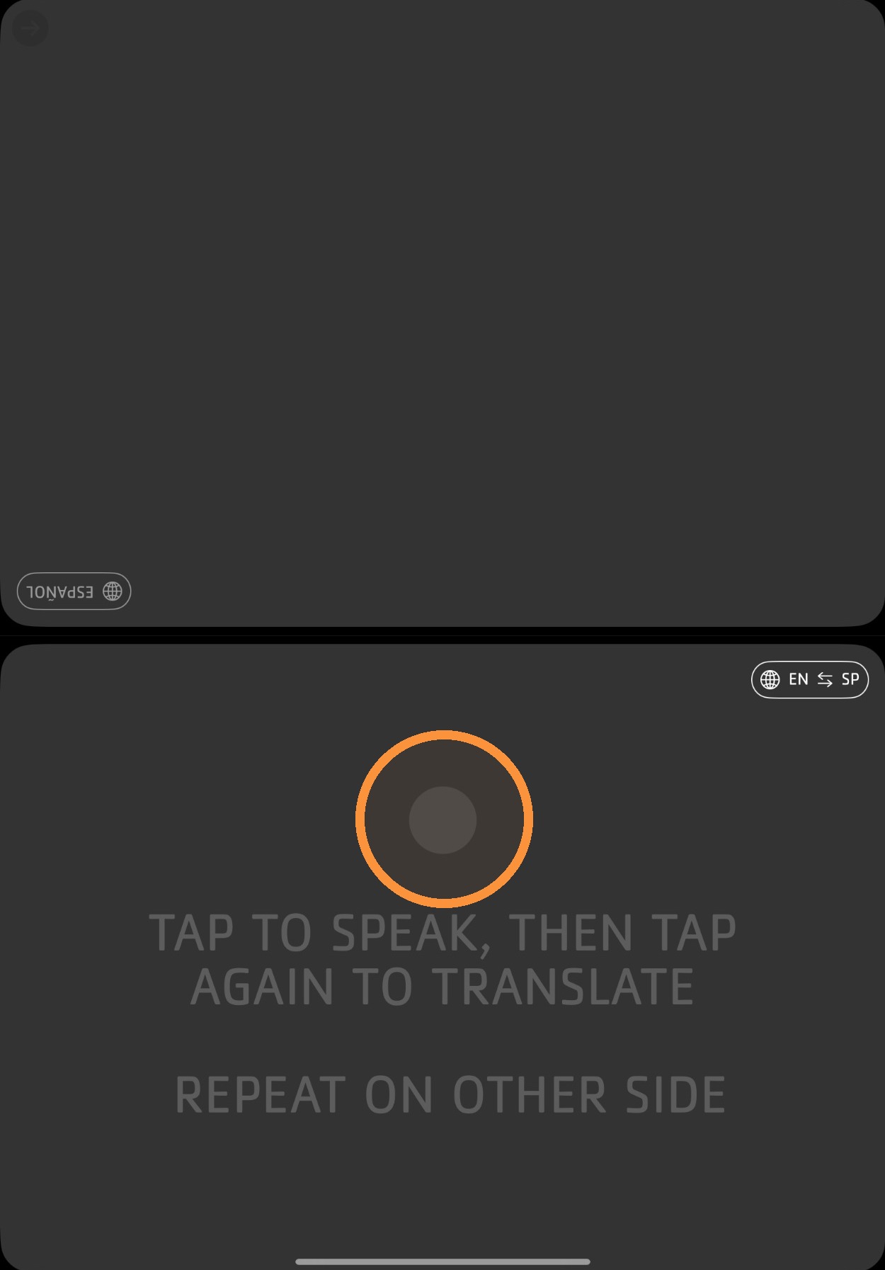 Translator screen showing the split conversation interface