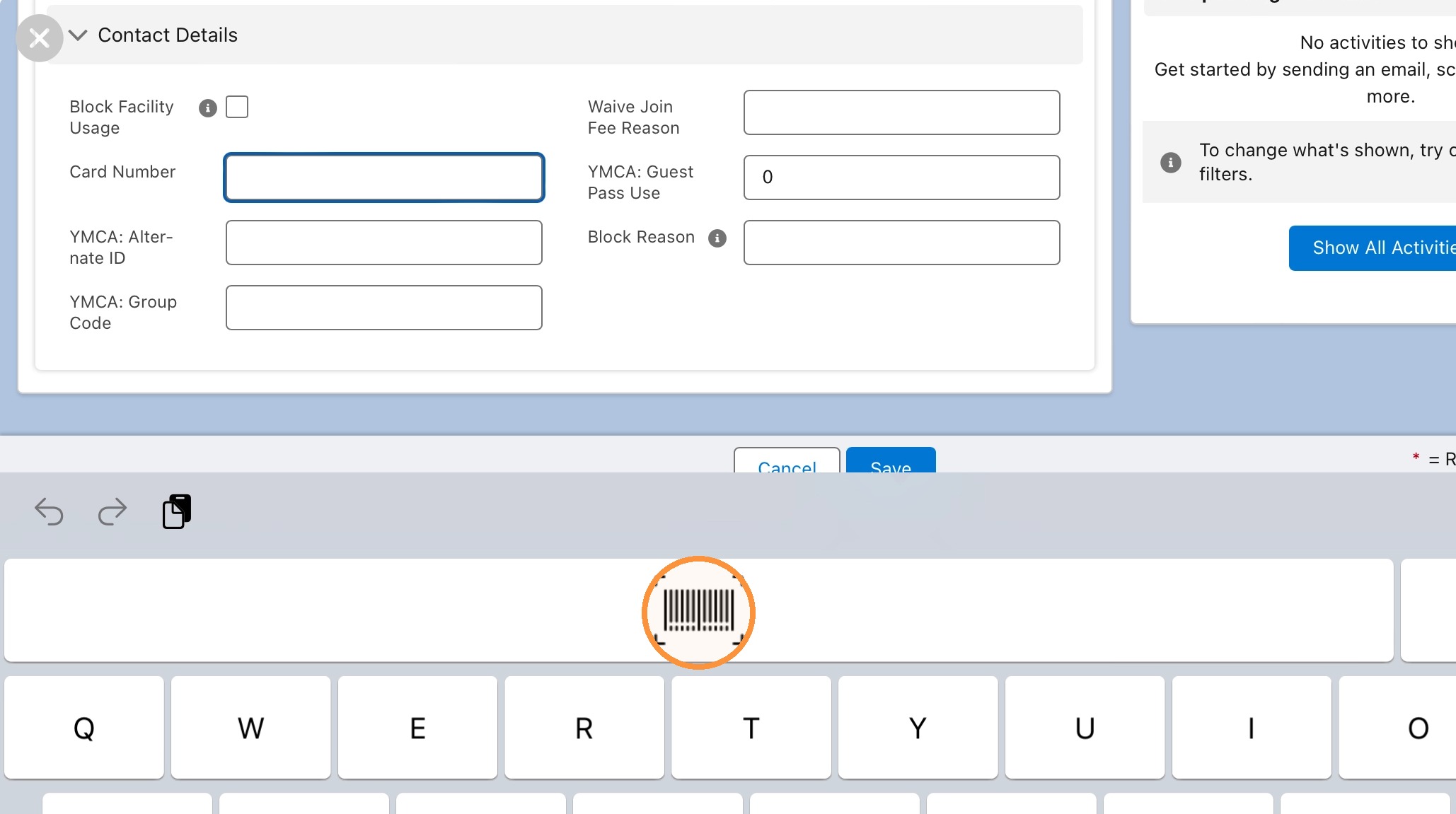 Membership sale screen showing the card number field and scan button
