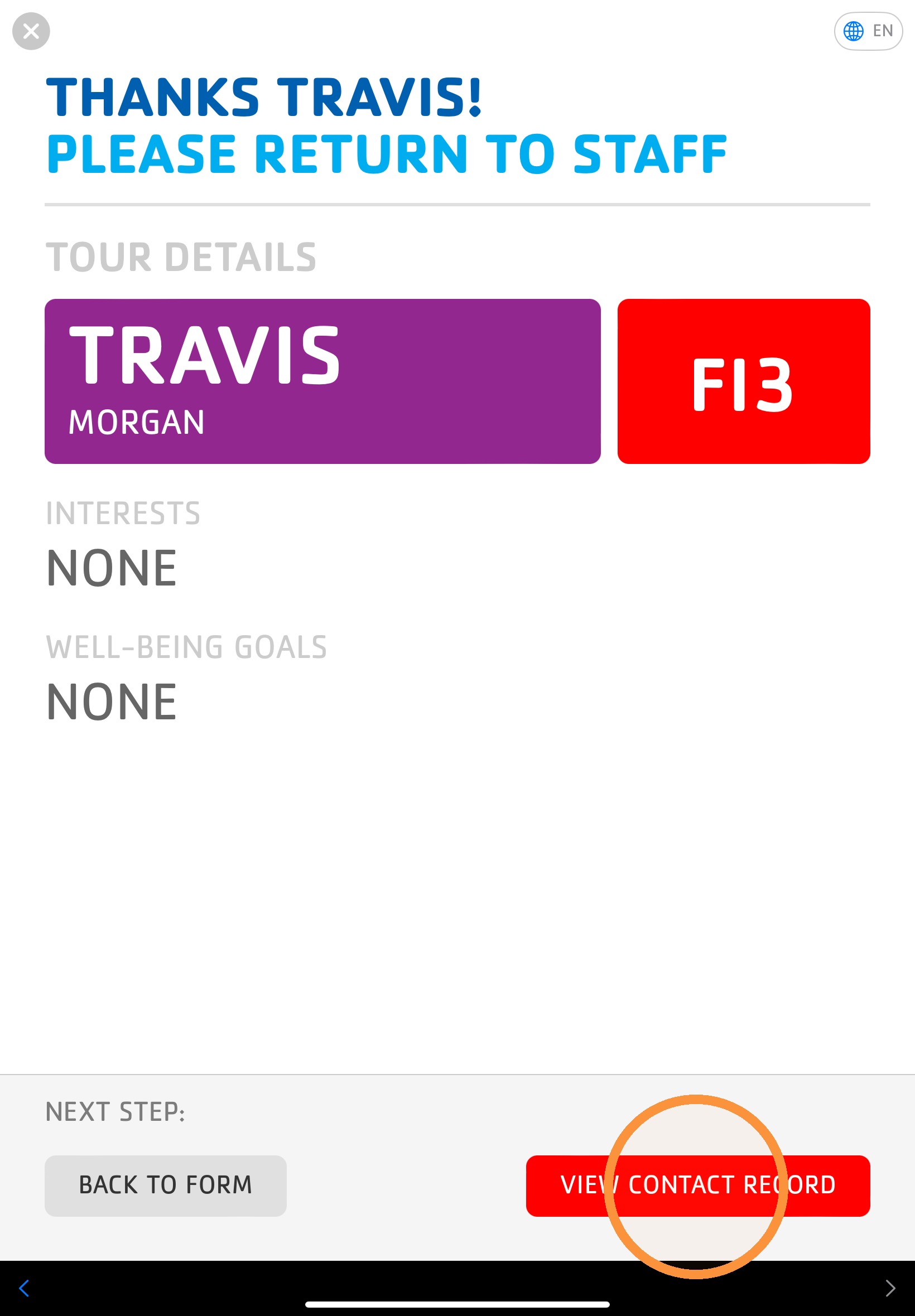 Tour Card screen showing a red facility block alert