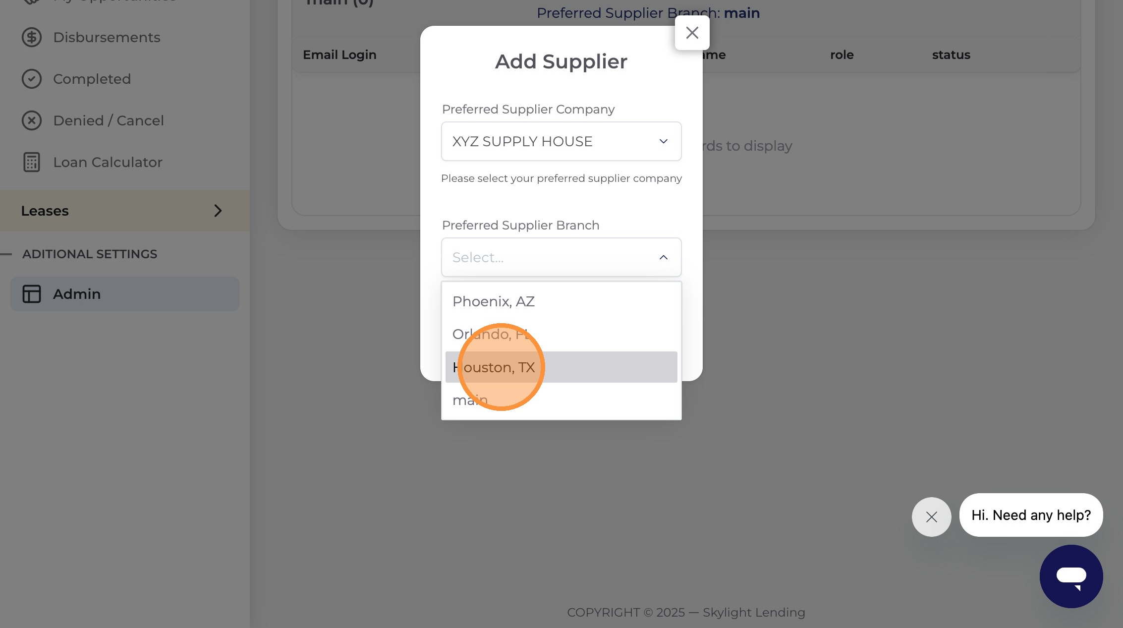 Select supplier branch location