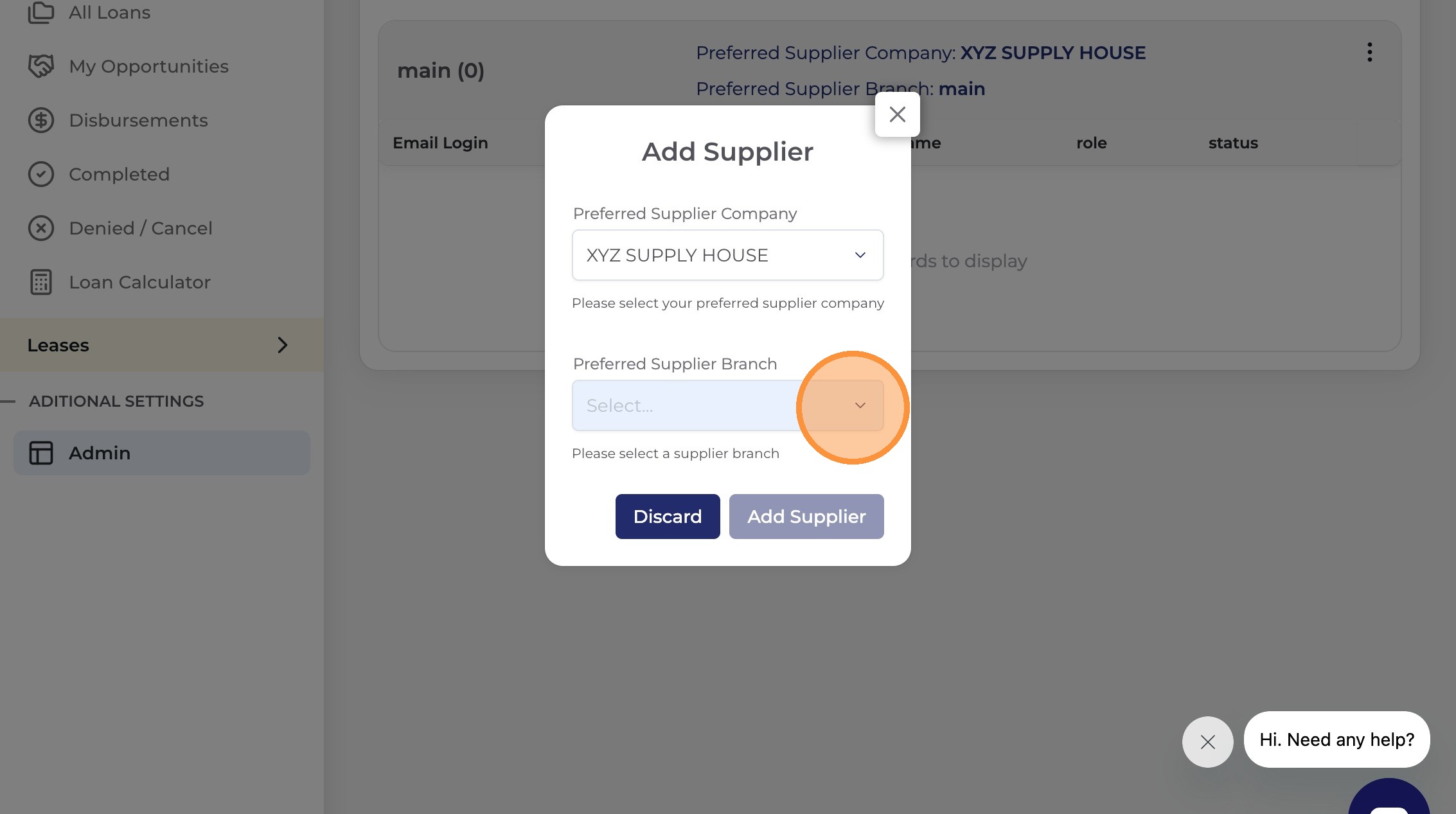 Preferred Supplier Branch select