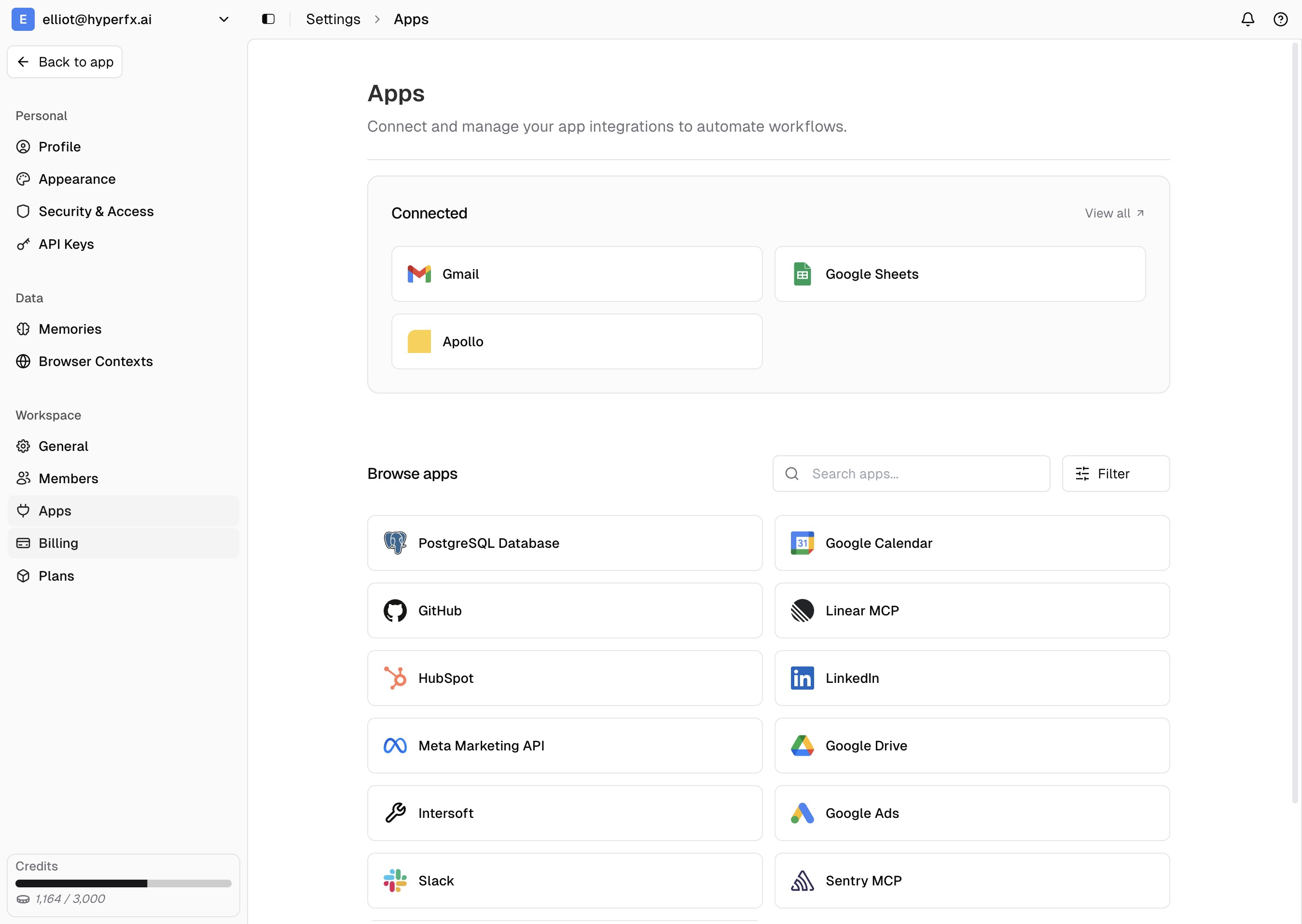 Workspace apps integration page