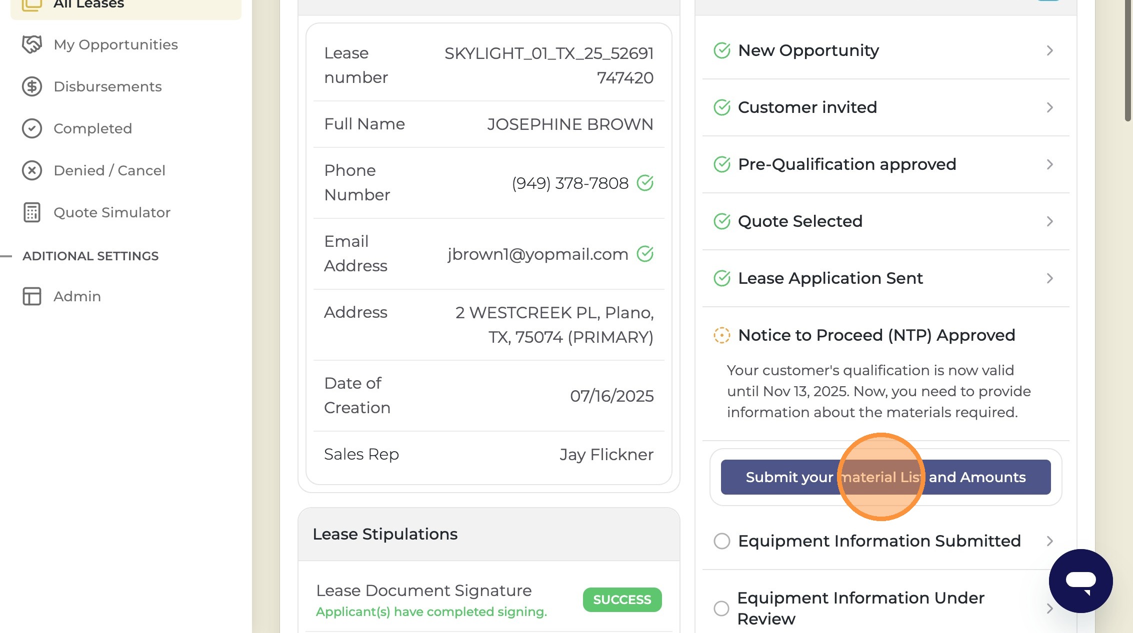 Submit material list button