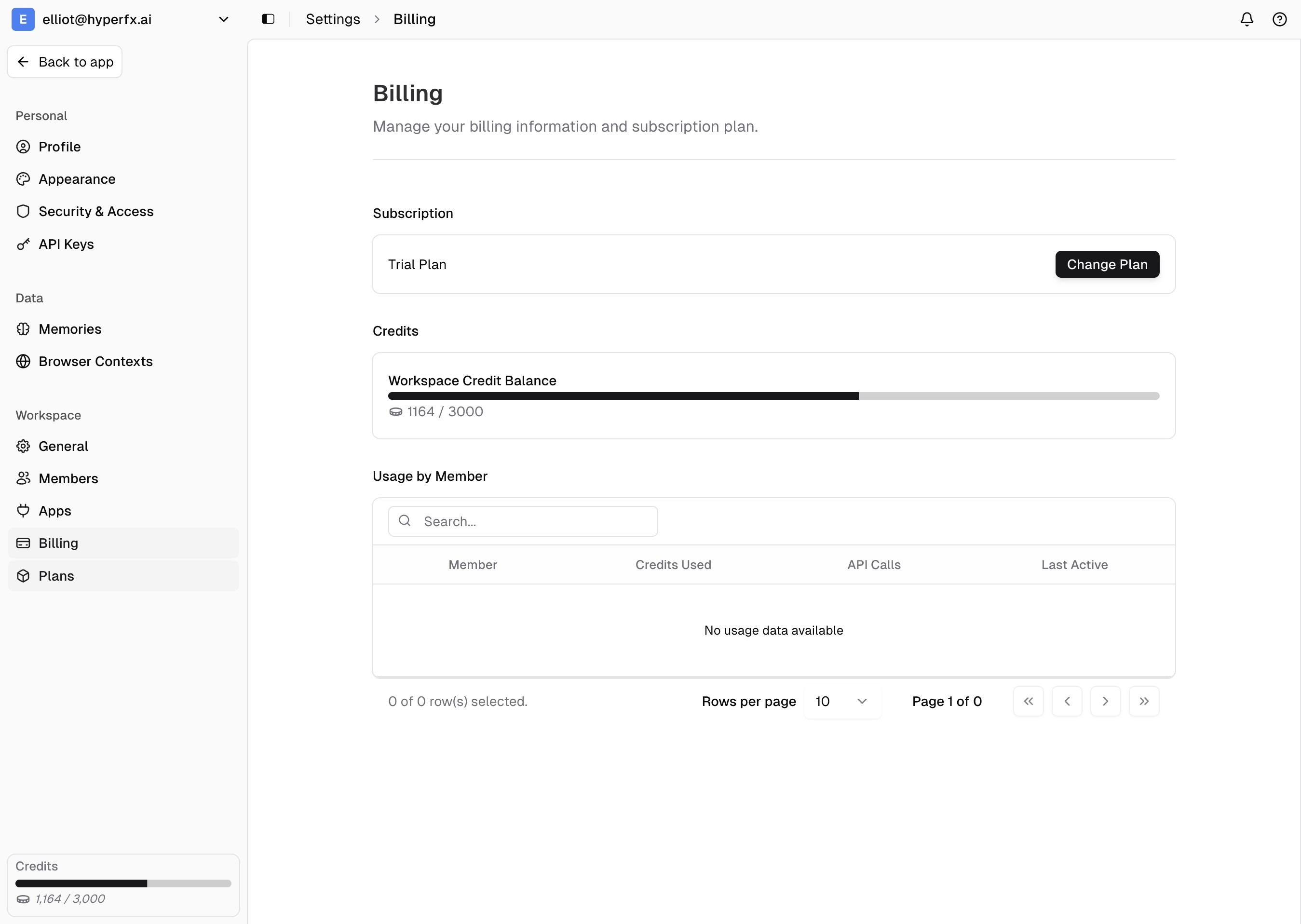 Workspace billing page