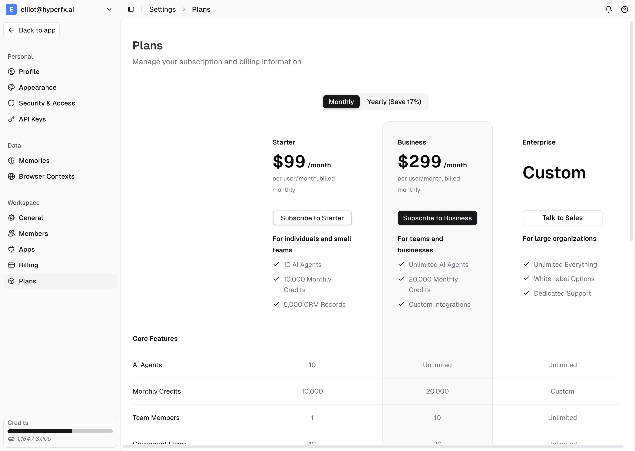 Workspace plans page