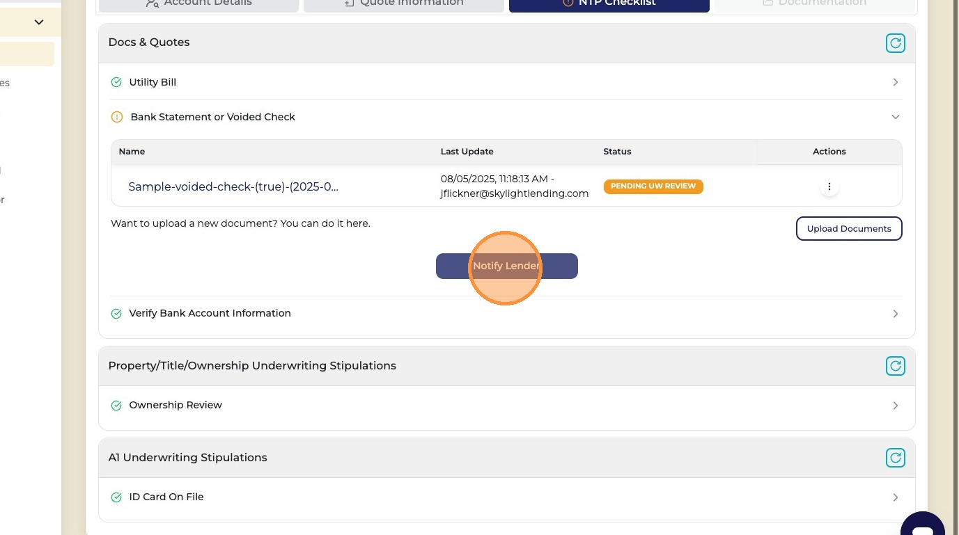 Notify Lender button