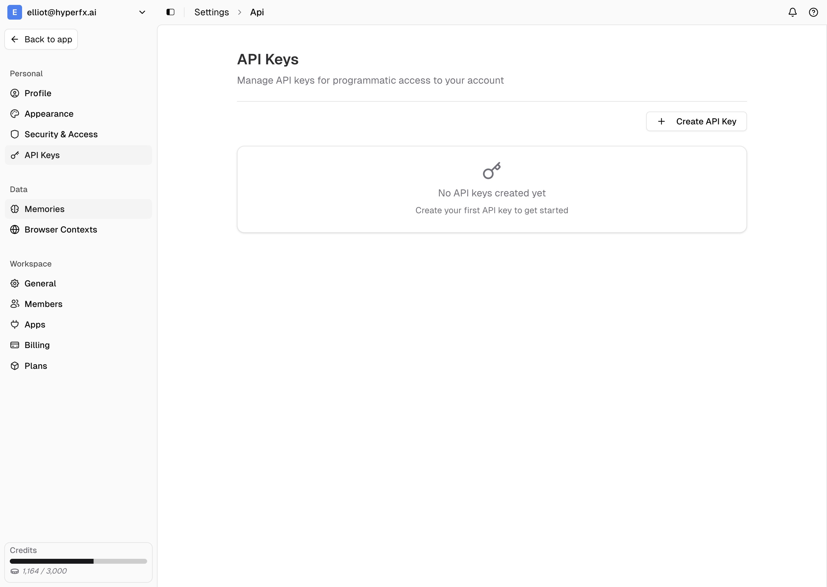 API keys management page