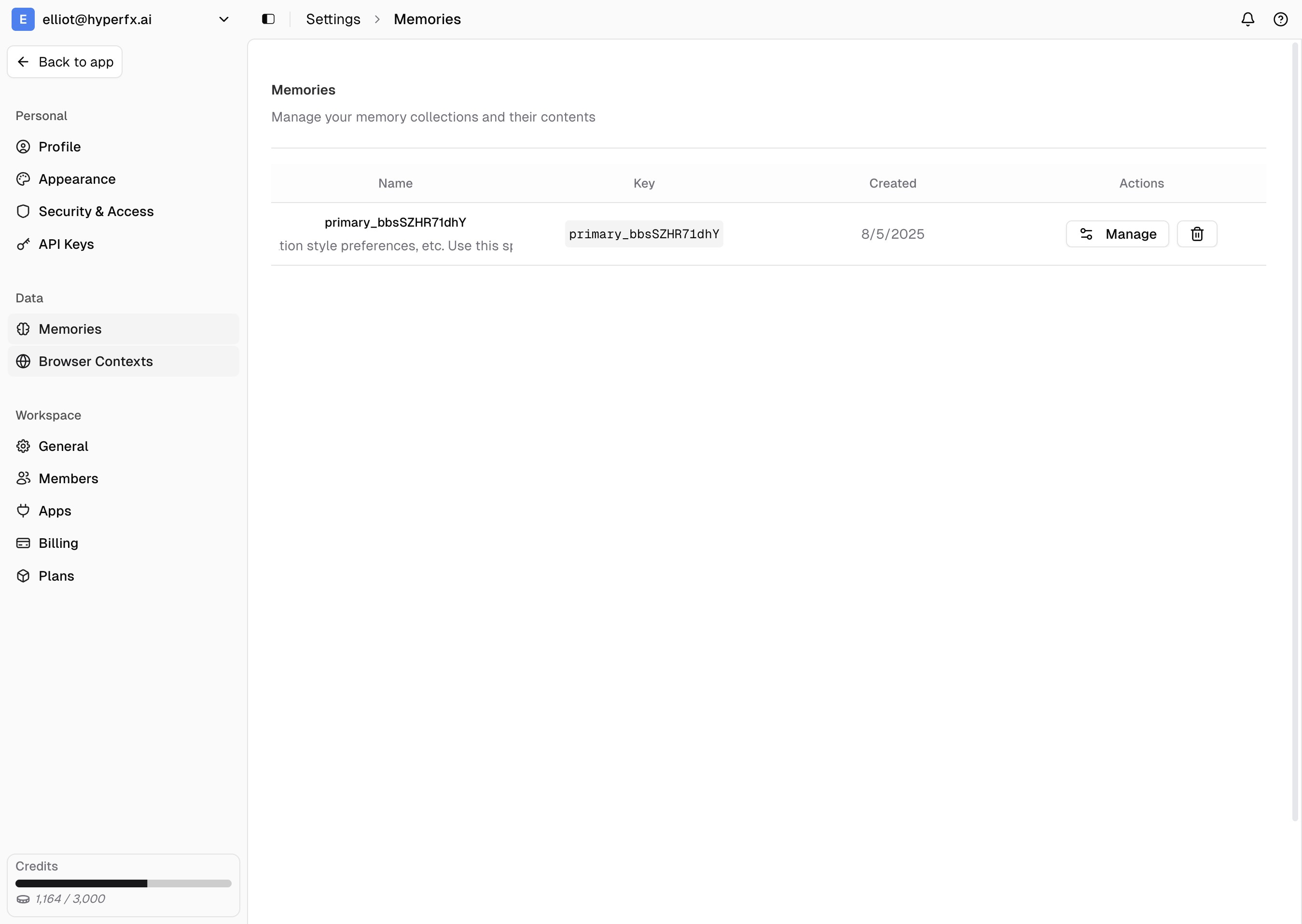 Memories management page