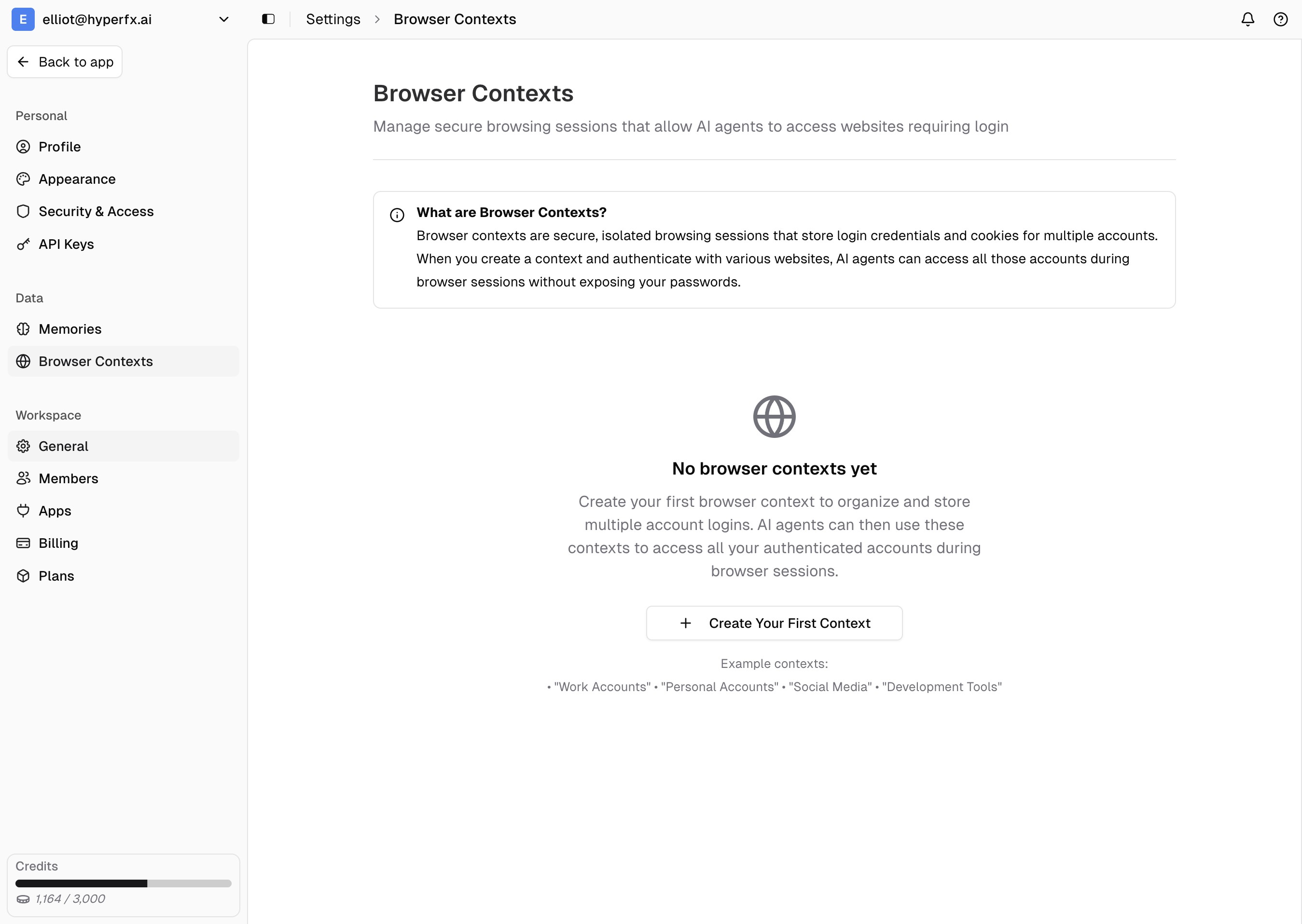 Browser contexts management page