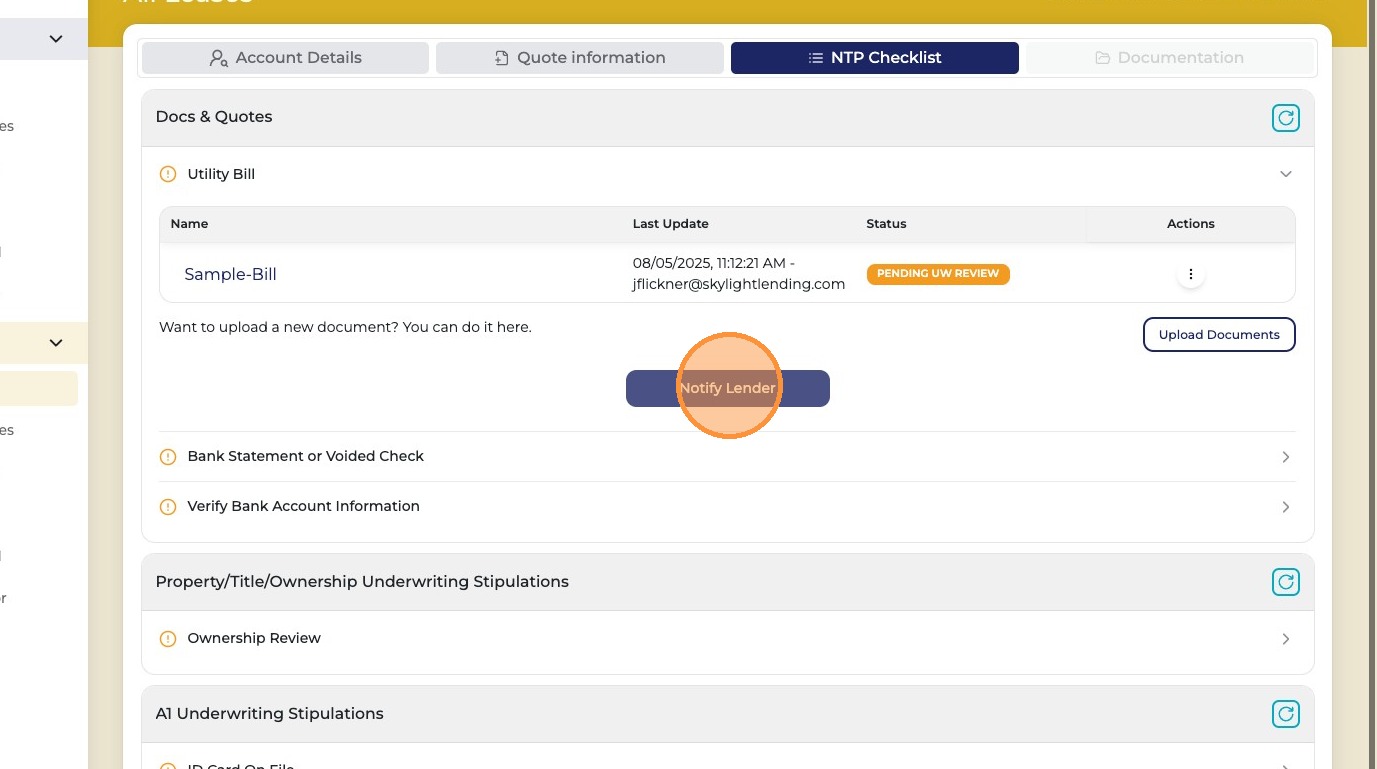 Notify Lender button