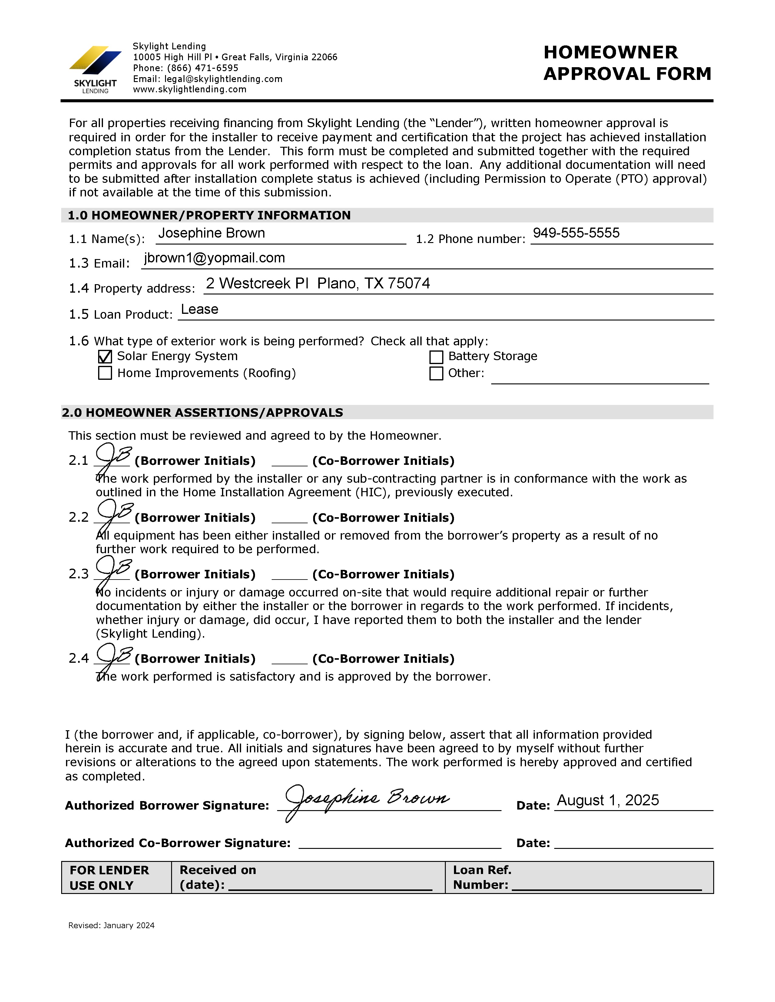 Homeowner Approval Form example