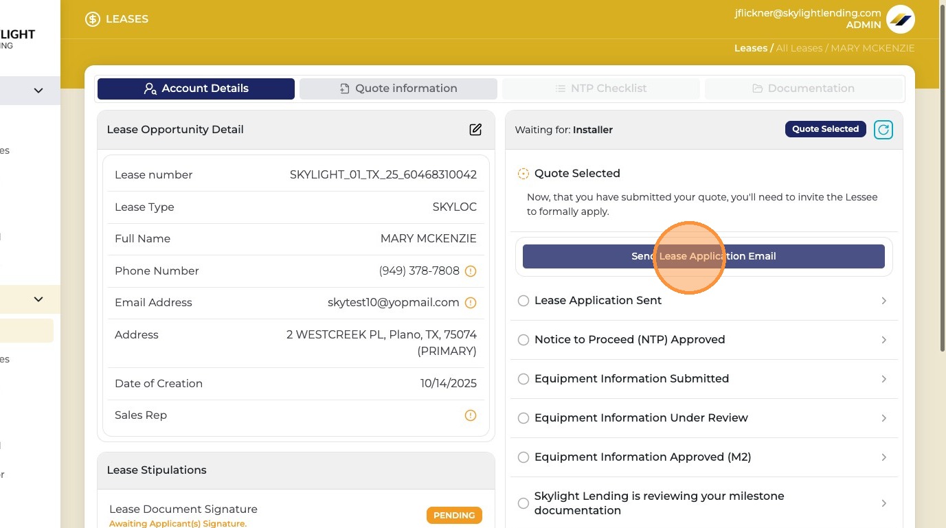 Send Lease Application Email button