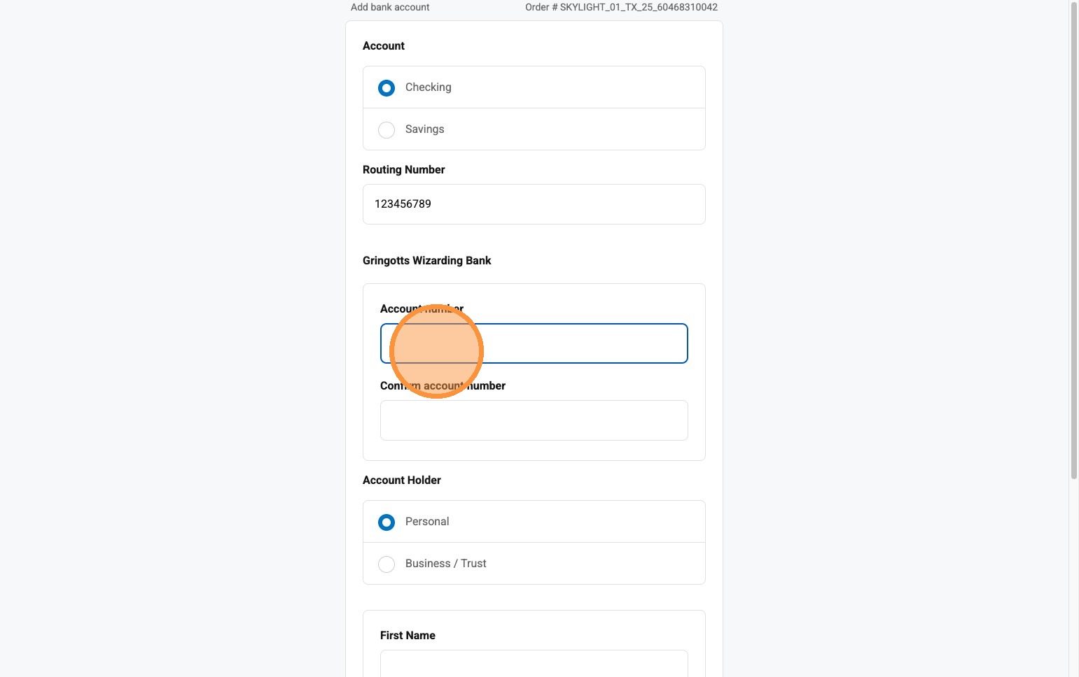 Routing and account number