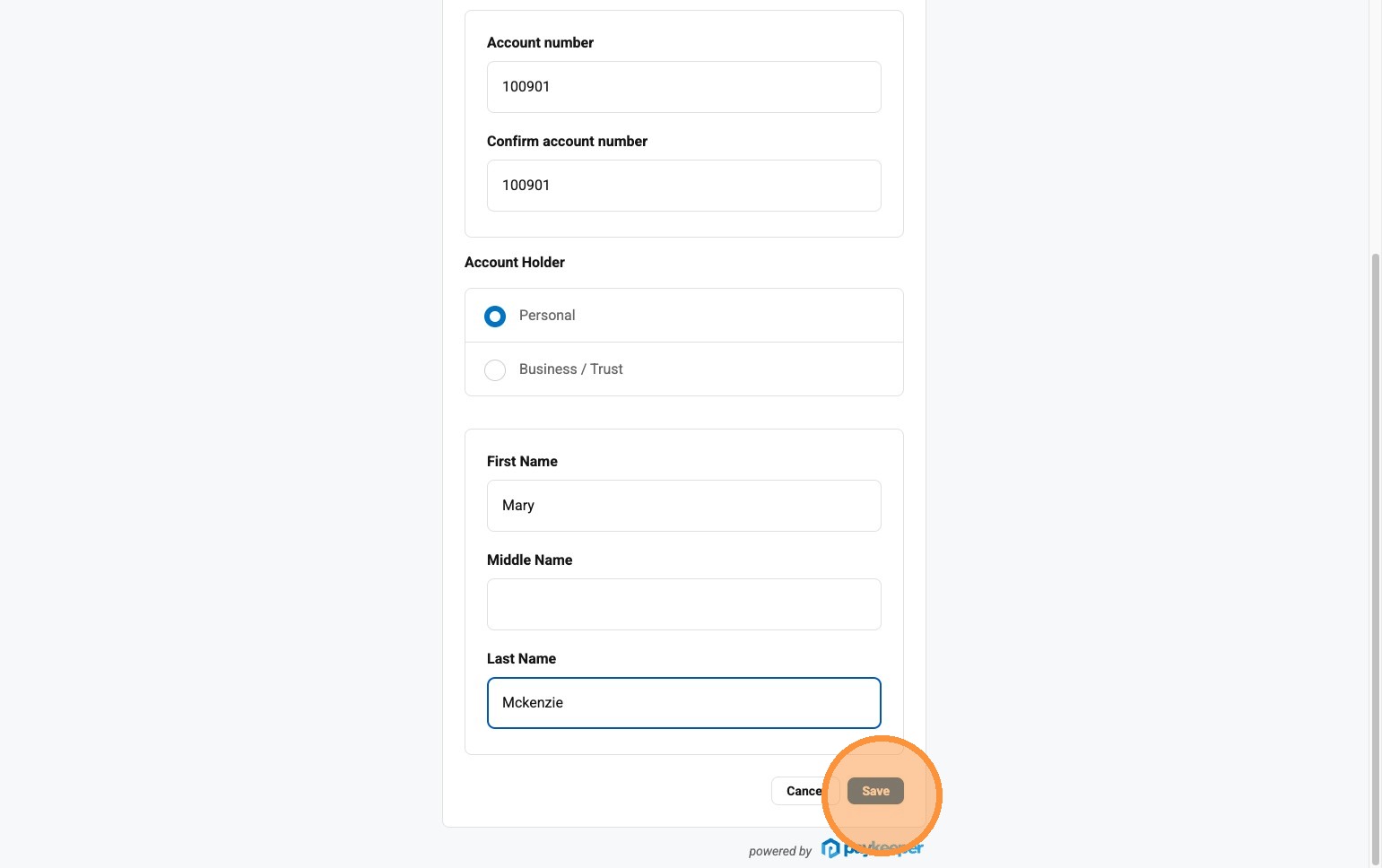 Account holder name