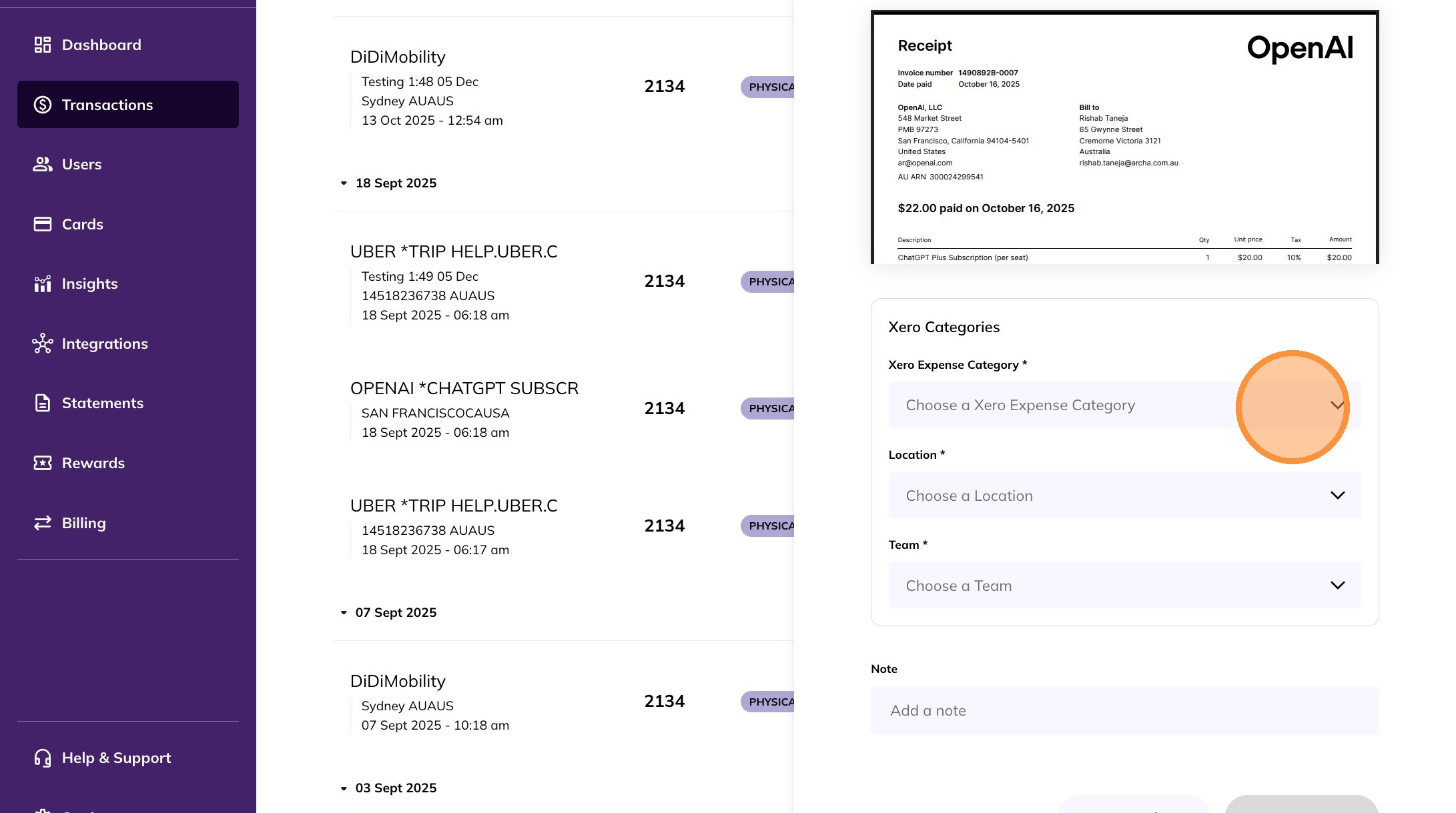 Tracking category dropdowns