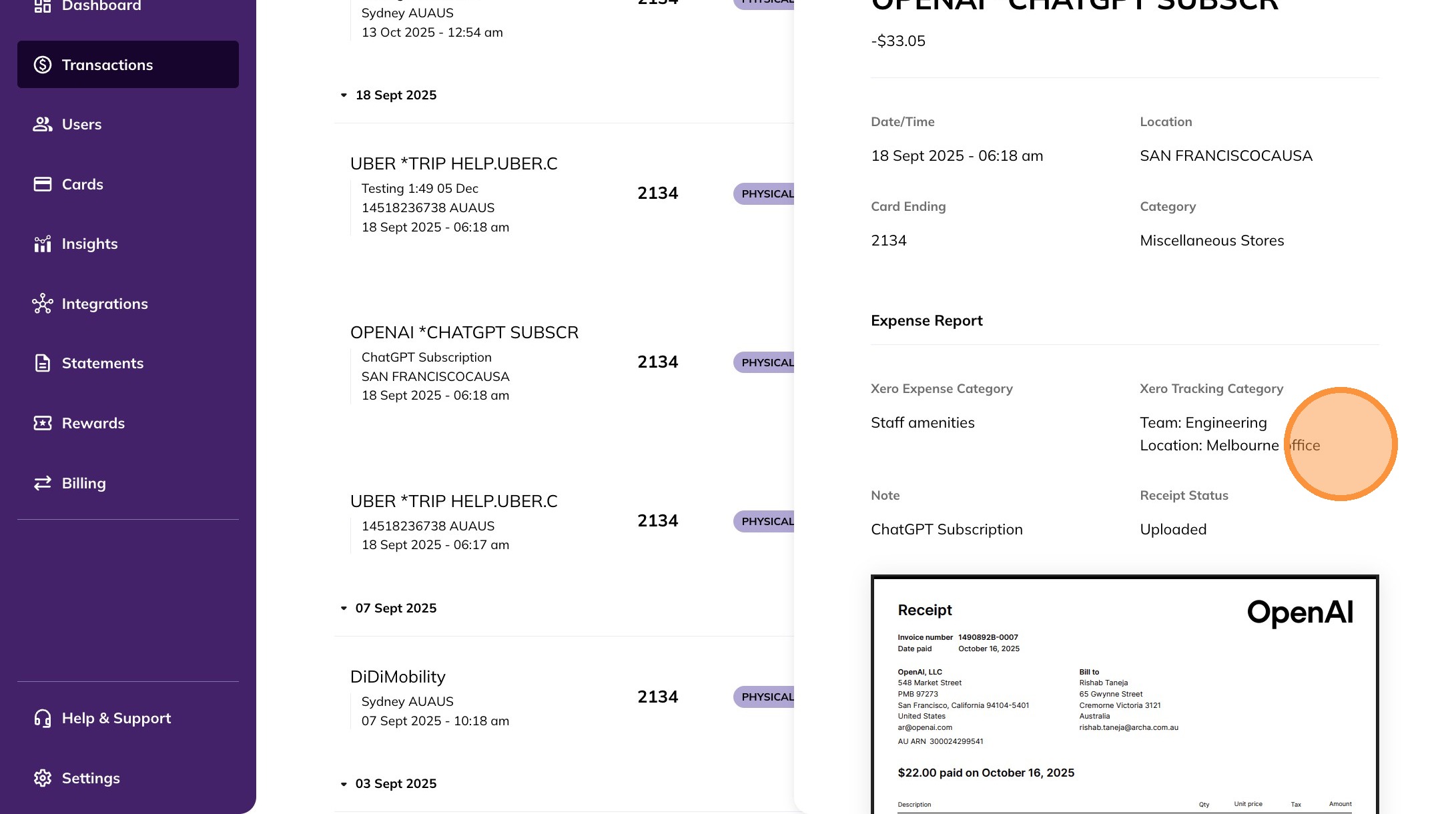 Transaction detail view