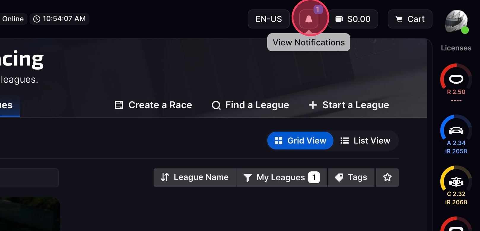 Notifications icon in iRacing