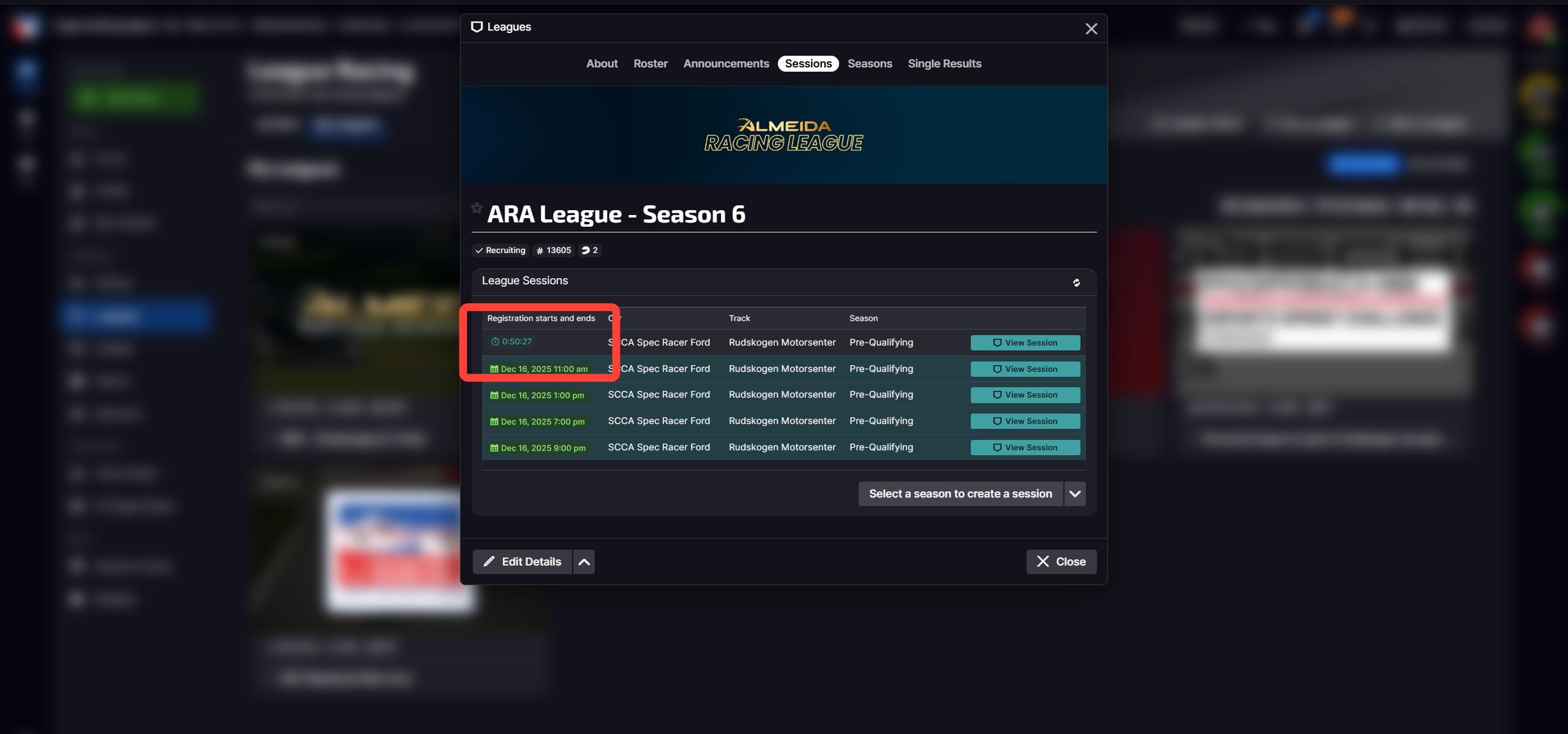 Active session with countdown timer