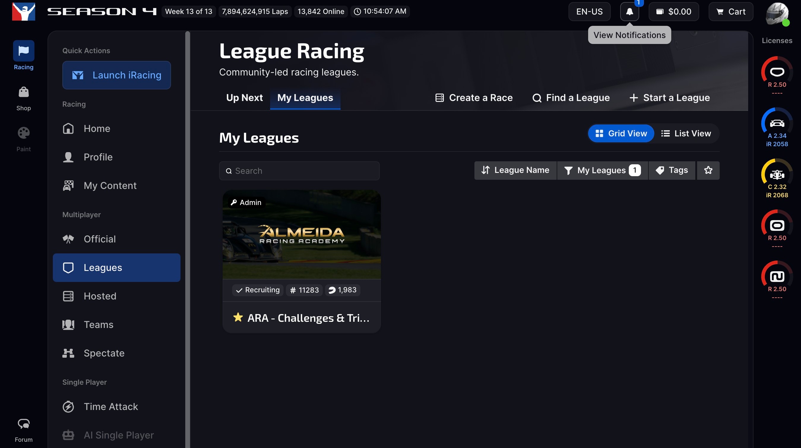 iRacing UI home screen