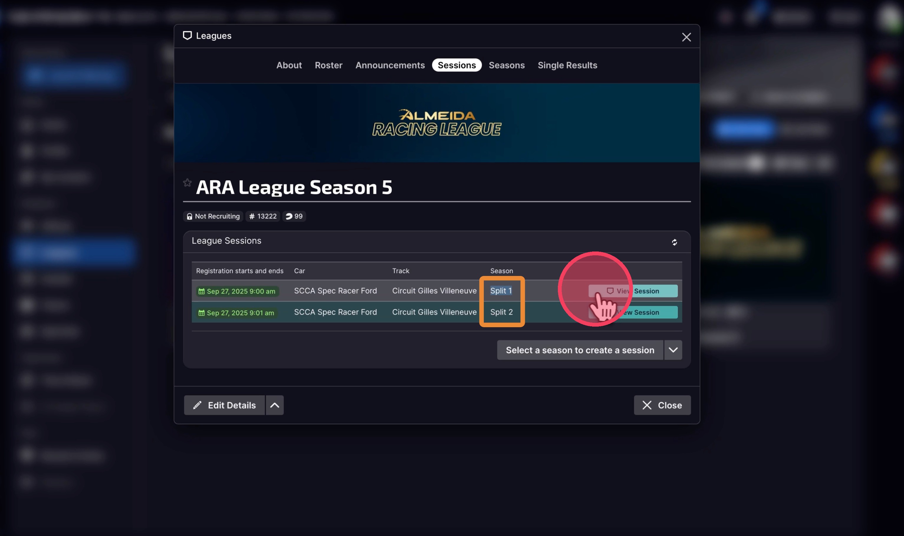 View Session on correct split