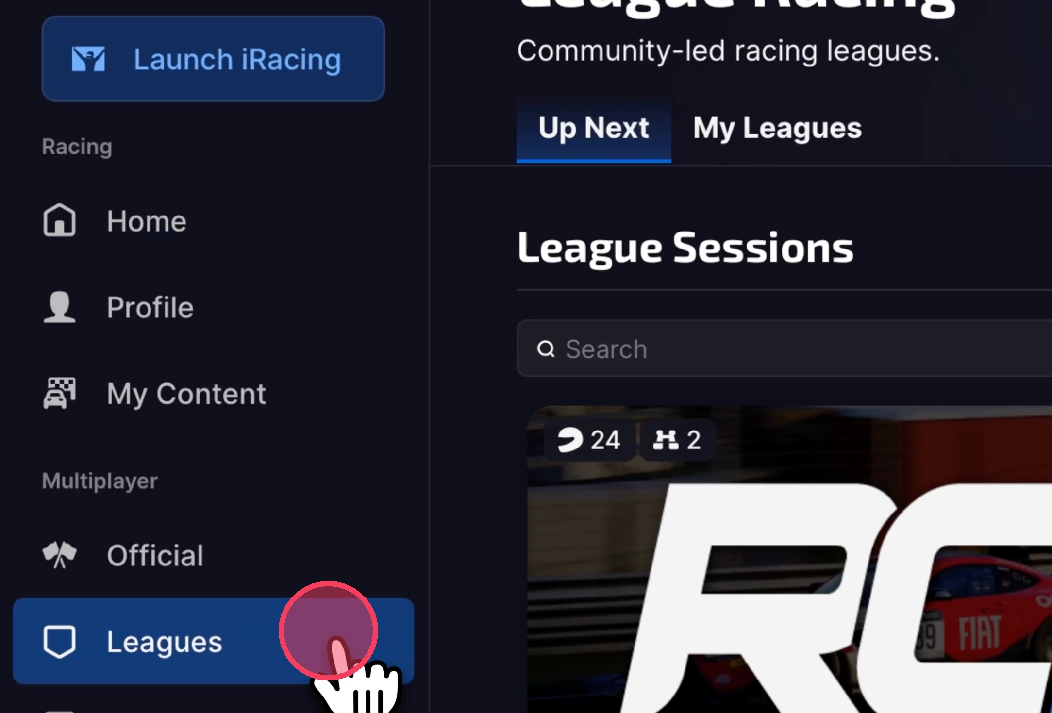 iRacing Leagues button