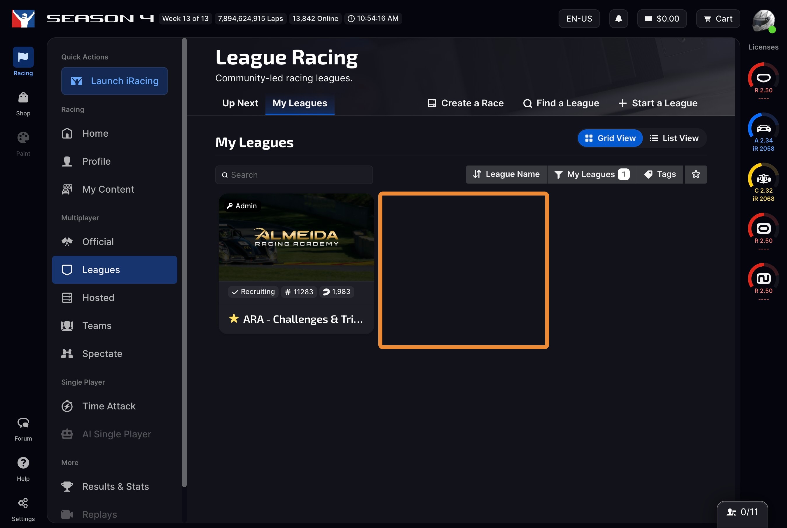My Leagues tab with filters