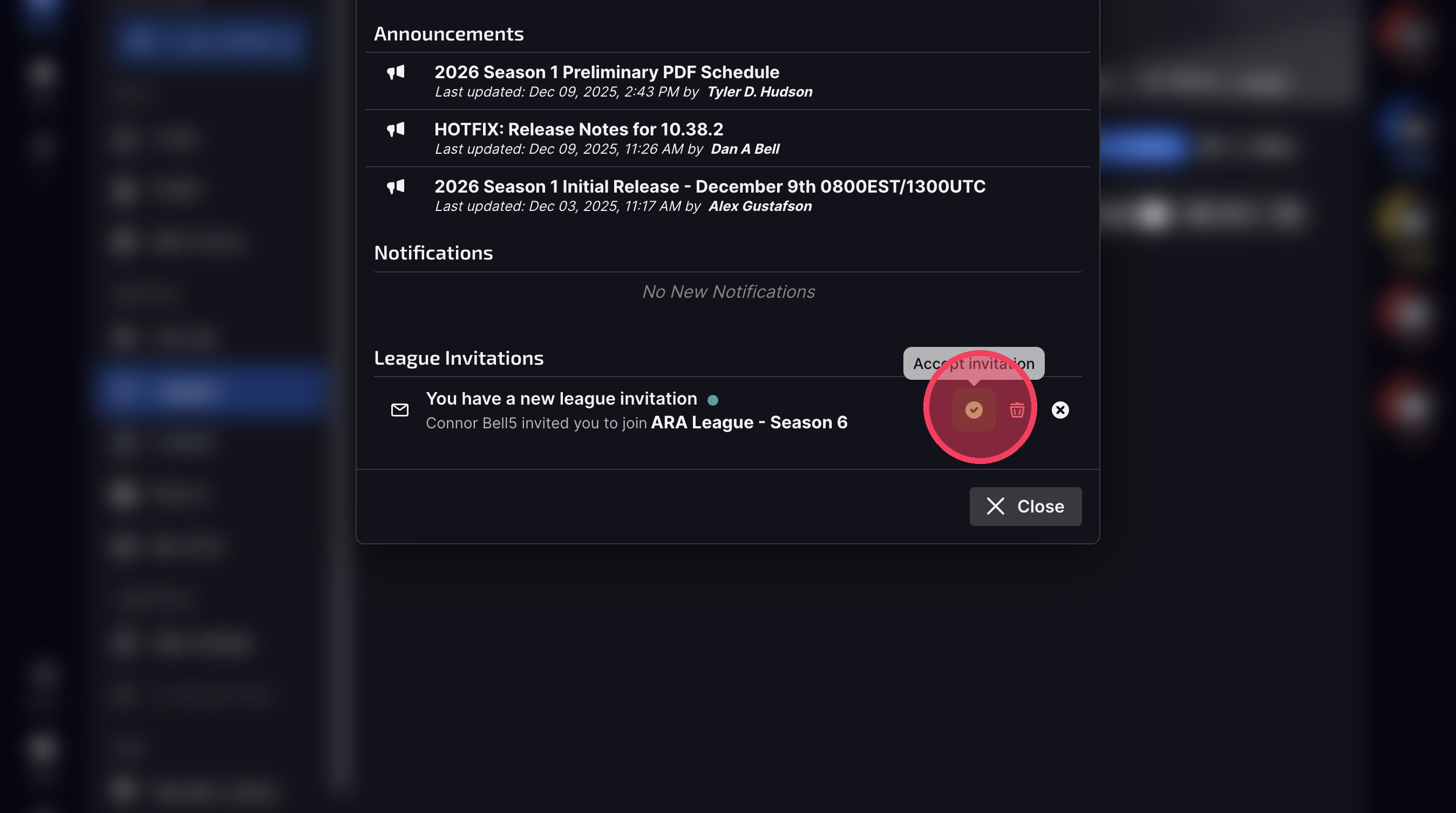 League invitation screen
